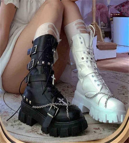

women boots luxury winter 2022 new party casual women shoes platform middle heel ladies chain demonias mid calf boots y2208112992567, Black