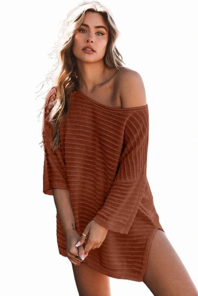 

brown textured knit drop shoulder tee 2023 new p2gk#, White