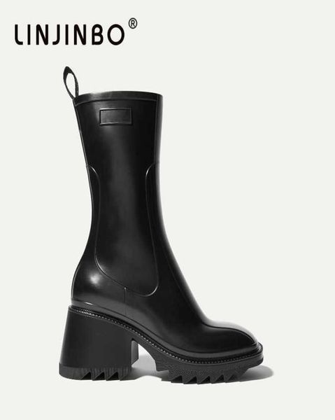 

chic chunky platform boots women luxury brand design high heel rain boots women square toe side zipper shoes 2110158912130, Black;red