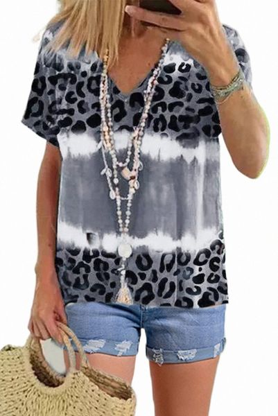

gray tie dye leopard patchwork short sleeve 73rs#, White