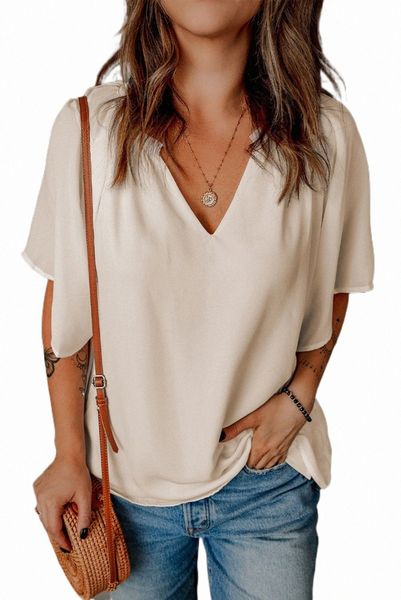 

beige split neck pleated loose blouse 2023 new v1xs#, White