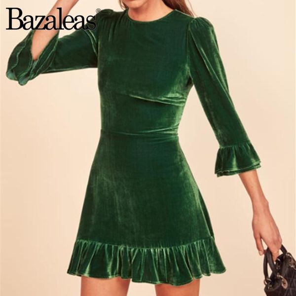 

dresses bazaleas vintage green velvet vestidos palace hlaf flare sleeve women dress o neck ruffles dresses, Black;gray