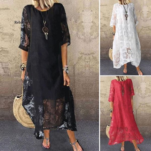 

dresses beach long dress bohemian 2022 summer new round neck short sleeve lace long dress lace casual skirt maxi dresses for women, Black;gray