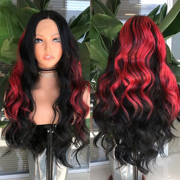 

synthetic long black red wave synthetic lace front wigs for black women soft babyhair natural hairline glueless fiber