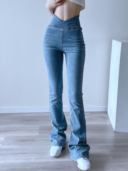 

jeans full elastic no zipper high waist hip denim flared pants high waist elastic retro american flared pants female 2022, Blue