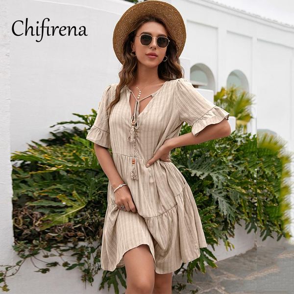

dresses chifirena summer women dress 2021 v neck dresses for women tassel half sleeve solid party sundress loose casual vestidos, Black;gray