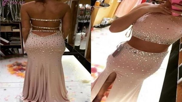 

spring sparkling two pieces dresses evening wear halter crystals beaded homecoming dress mermaid split evening dresses cockta9875172, Blue;pink