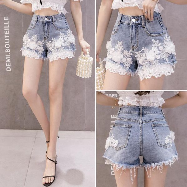 

shorts women embroidered flowers denim shorts women's 2023 summer new highwaist loosefitting wideleg sweet light blue shorts, White;black