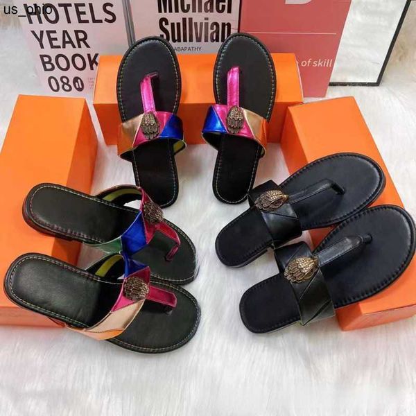 

slippers kurt geiger flip flops slippers women sandals stitching rainbow slipper fashion designer slides flat shoes eagle head diamond buckl, Black