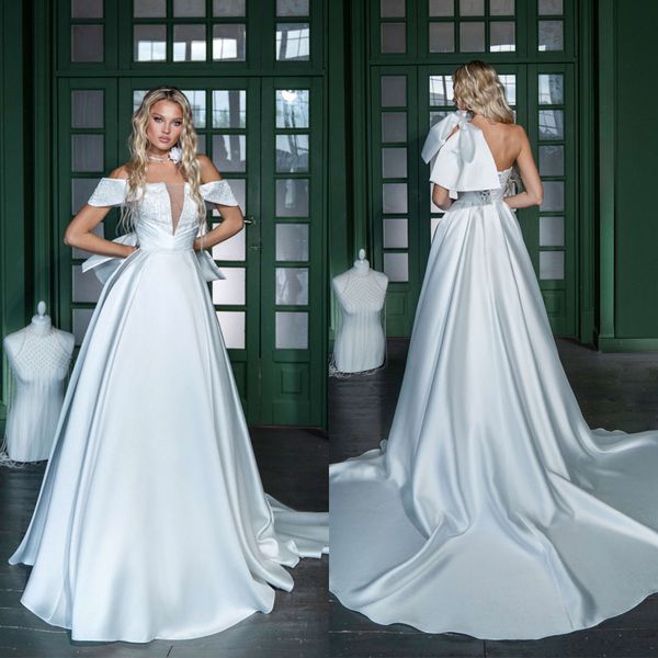 

chic satin pearls wedding dress strapless bow bridal gowns custom made pleats sweep train robe de mariee, White