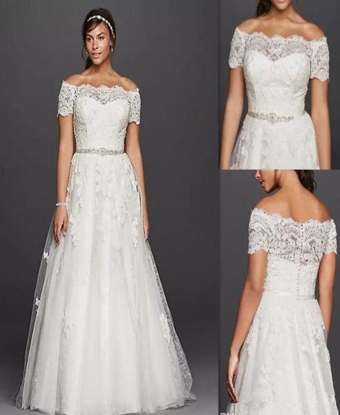 

2020 new modest lace wedding dresses with bateau neck lace appliques beaded sash short sleeve floor length garden bridal gown4483561, White