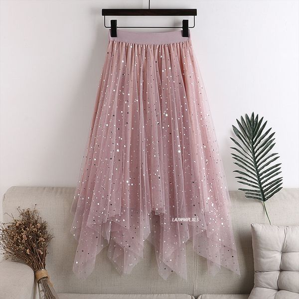 

skirts plus size elastic high waist long tulle skirt summer women fashion star sequined irregular hem mesh tutu skirt 230519, Black