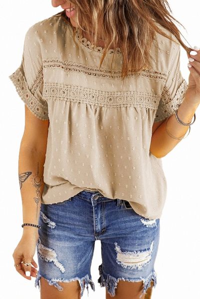 

apricot swiss dot lace splicing short sleeve r4na#, White