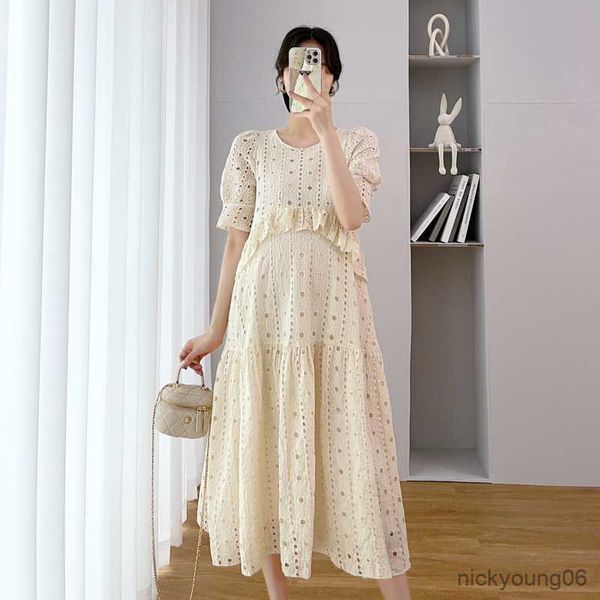 

palace style retro maternity dresses summer long skirt plus size gentle design hollow new pregnancy clothes r230519, White