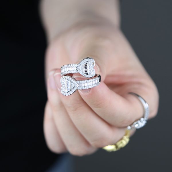 

bling cubic zirconia open heart rings iced out sparking cz adjusted hip hop finger jewelry for women, Silver