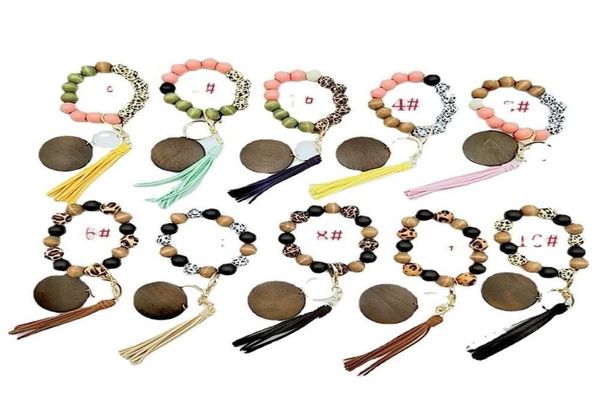 

silicone wooden beaded leopard wristlet bracelet pu leather tassel bracelets bangle wood beads wristband key ring keychains wrist 2905054, Red;brown