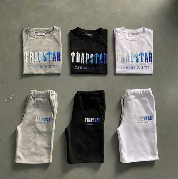 

men's trapstar t shirt set letter embroidered tracksuit short sleeve plush shorts breathable design 64ess, White;black
