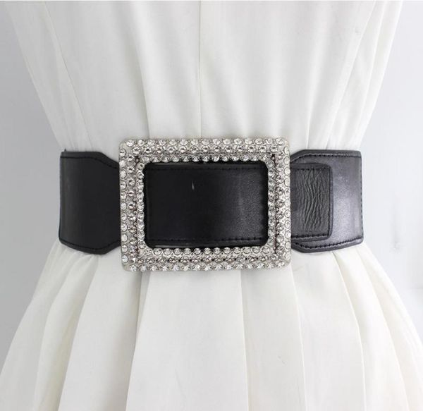

belts fashion elastic leather wide belt for women square rhinestone buckle waist strap corset girdle female waistband7912017, Black;brown