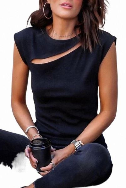 

black slash cutout cap sleeve t shirt 2023 new 77hf#, White