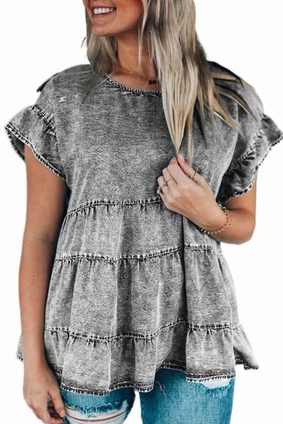 

gray flutter sleeves tiered denim 2023 new l1lt#, White