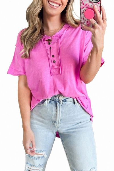 

rose raw edge button henley 2023 new j6x0#, White