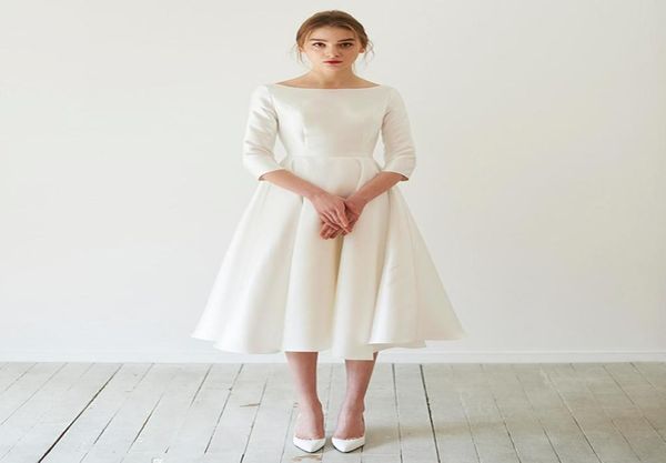 

vintage tea length simple satin short wedding dresses with 34 sleeves boat neck aline 1950s 60s informal reception party bride3045195, White