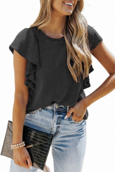 

black ribbed knit ruffled short sleeve t shirt 389z#, White