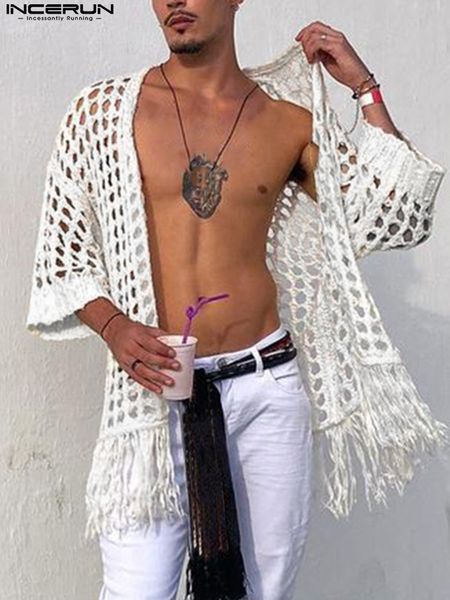 

men's casual shirts men shirt solid mesh hollow out see through tassel streetwear camisas open stitch half sleeve cardigan incerun 223, White;black