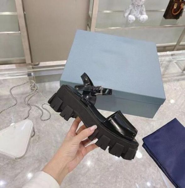 

classic soled sandals heel patent leather metal pie wide belt buckle women039s slippers 35406707135, Black