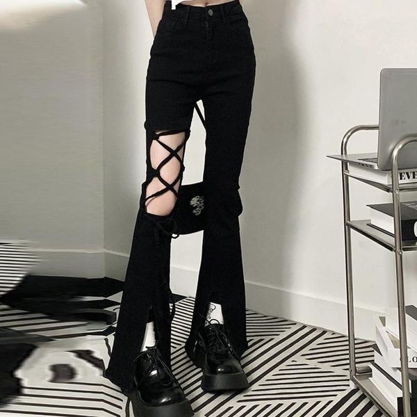 

jeans dark goth lady hollow out flare denim pants punk gothic female irregular street black long jeans mujer slit harajuku trousers, Blue