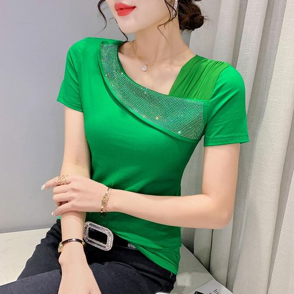 

t-shirt 2022 summer new women's tshirt fashion casual short sleeved drilling skew collar mesh female plus size clothing, White