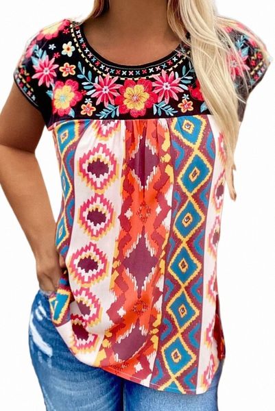 

multicolor floral aztec geometric cap sleeve 23tx#, White