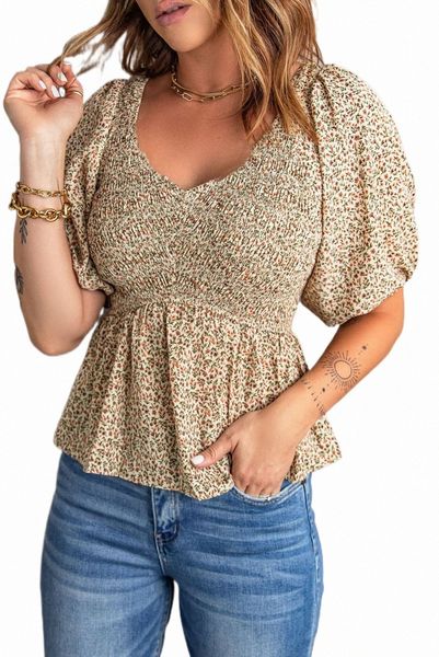 

floral print puff sleeve smocked 2023 new 98uw#, White