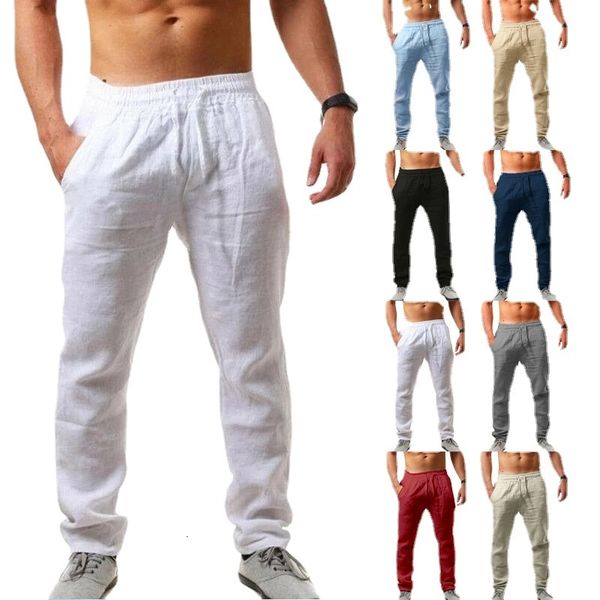 

men's pants men's fashion casual sport pants elastic waist cotton and linen solid color trousers 230519, Black