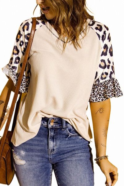 

mixed leopard ruffle sleeve waffle knit 2023 new 2474#, White