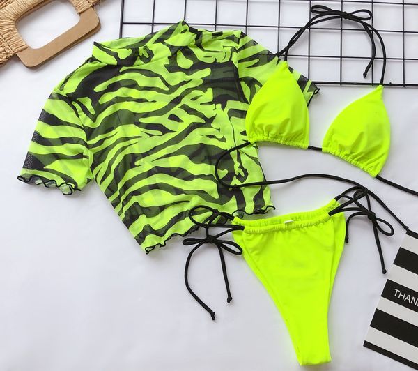 

women's swimwear 3 piece bikini women push-up padded neon green leopard swimsuit brazilian short sleeve beach bathing suit thong swimwe, White;black