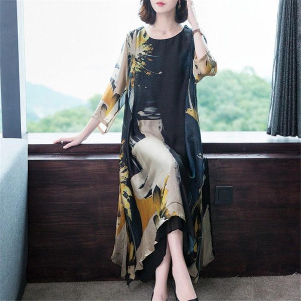 

dresses fashion ladies print dress casual oneck seven point sleeve spring summer dress women large size 4xl loose clothing elbise f2726, Black;gray