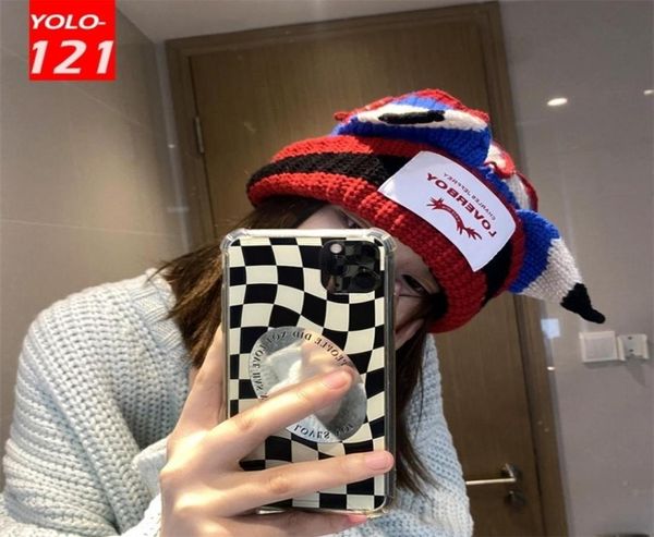 

beanieskull caps loverboy cat ear knit hat doublelayer warm pig woolen cute fashion hooded cap niche design hiphop personality col1443412, Blue;gray