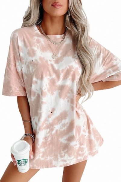

pink tie-dye round neck short sleeve 2023 new b83l#, White