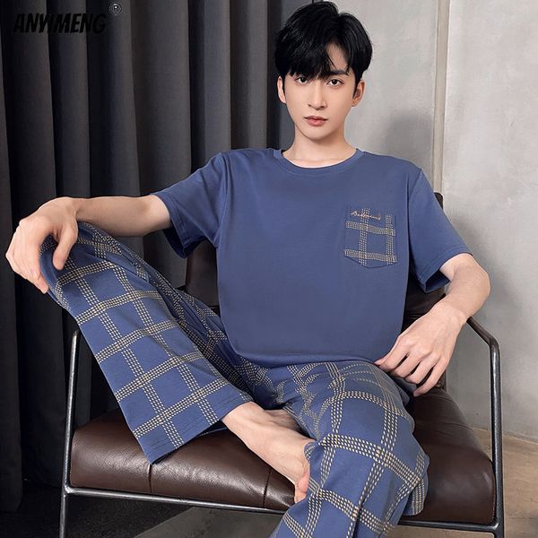 

men's sleepwear summer cotton men pajamas plus size 4xl elegant nightwear short sleeve plaid pants sleepwear pijamas set for young man, Black;brown