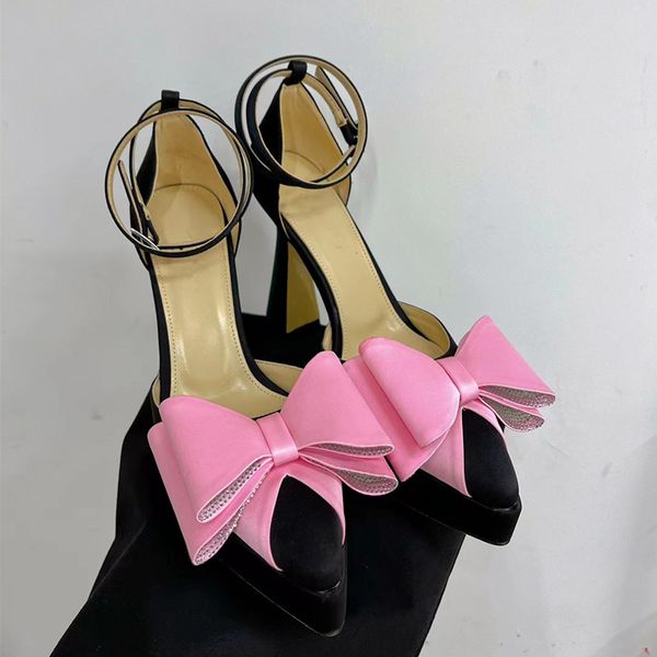 

2023 fashion hollow-out satin bow large women's runway sandals european and american high-heeled diamond bow banquet shoes, Black