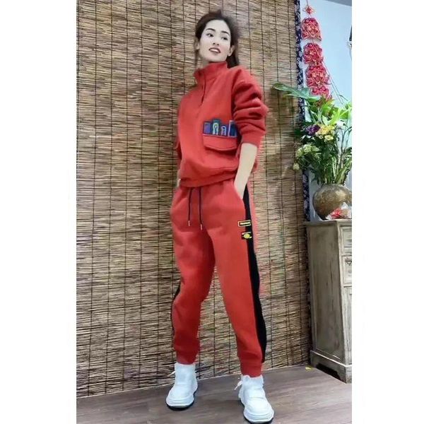 

pants women's tracksuit autumn winter new leisure stand collar pants 2 two piece set loose korean fashion suit plus size clothing, White