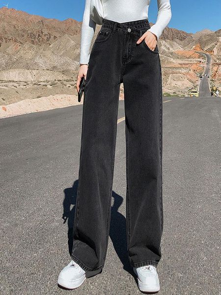 

jeans simplify women jeans casual high waist loose female denim pants 2022 spring autumn korean style fashion ladies widleg trousers, Blue