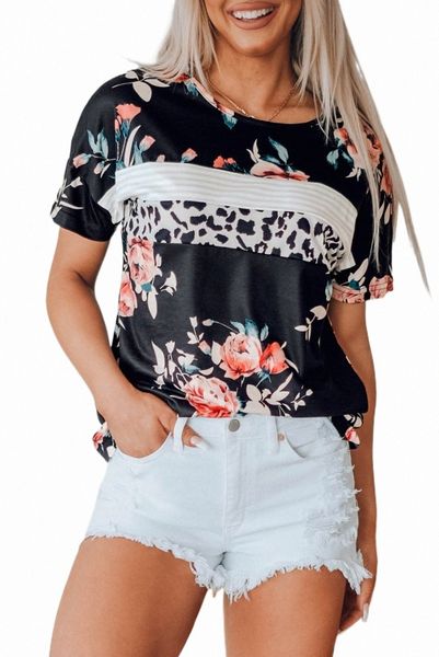 

black leopard striped floral t shirt 2023 new m2mg#, White