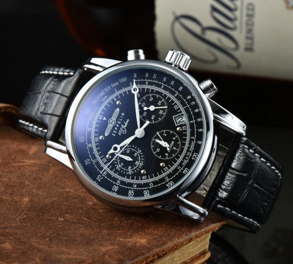 

2023 men watch new zeppelin watch waterproof leather business casual quartz watch men's three eyes multifunction chronograph a01, Slivery;golden