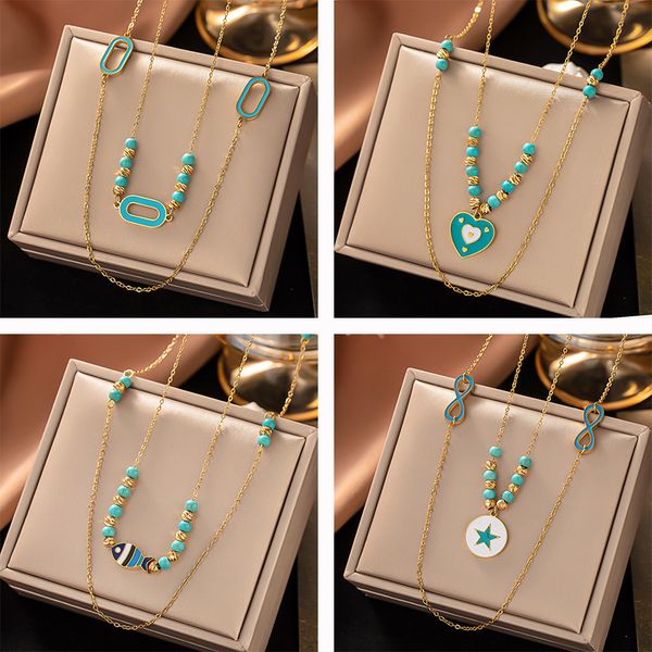 

luxury ins style enameled heart clover pendant necklace turquoise jewelry, Silver