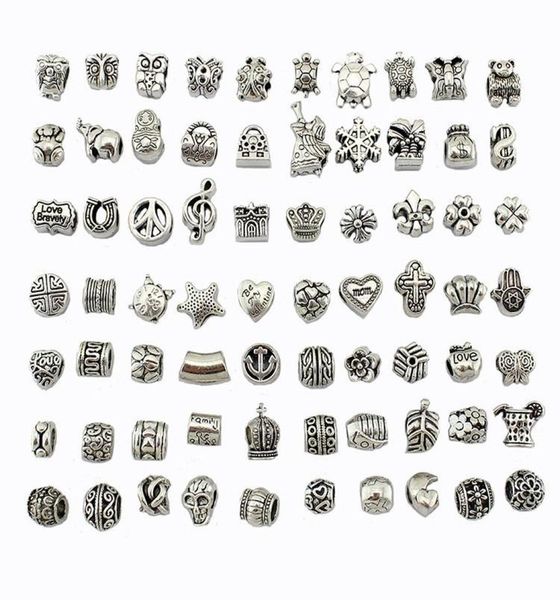 

mix 70 styles beads antique silver plated alloy big hole charms spacer beads fit pandora bracelet diy jewelry necklaces pendants5124137, Blue;slivery