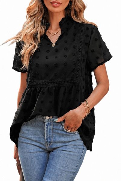 

black swiss dot short sleeve flowy 2023 new c9cu#, White