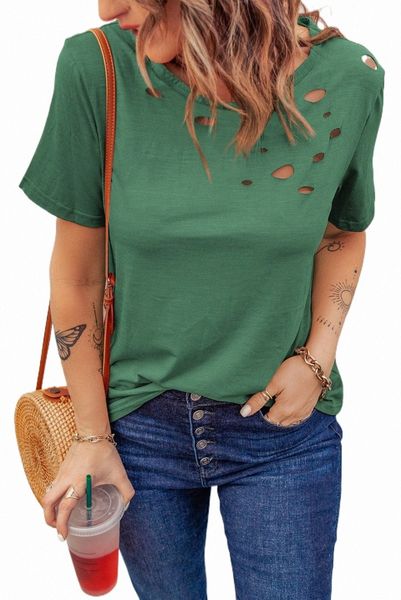 

green holes crew neck cotton mixed t-shirt 2023 new e4tk#, White