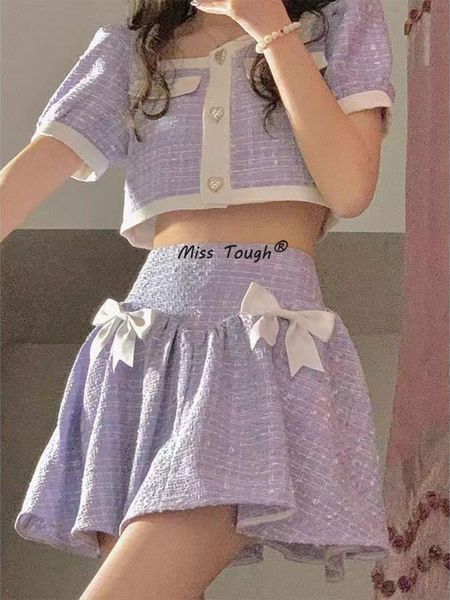 

dress summer kawaii sweet two piece set women korean fashion patchwork party mini skirt suit female puff sleeve bow designer skirt set, White